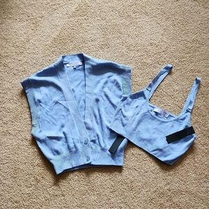 LOVE FOR HUMANITY Light Blue Knit Vest Button Front and Crop Top Set Sz M NWT